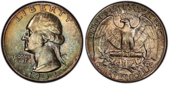 Side-by-side comparison of 1958 Washington Quarter Type A normal reverse versus Type B Reverse FS-901 showing lettering differences