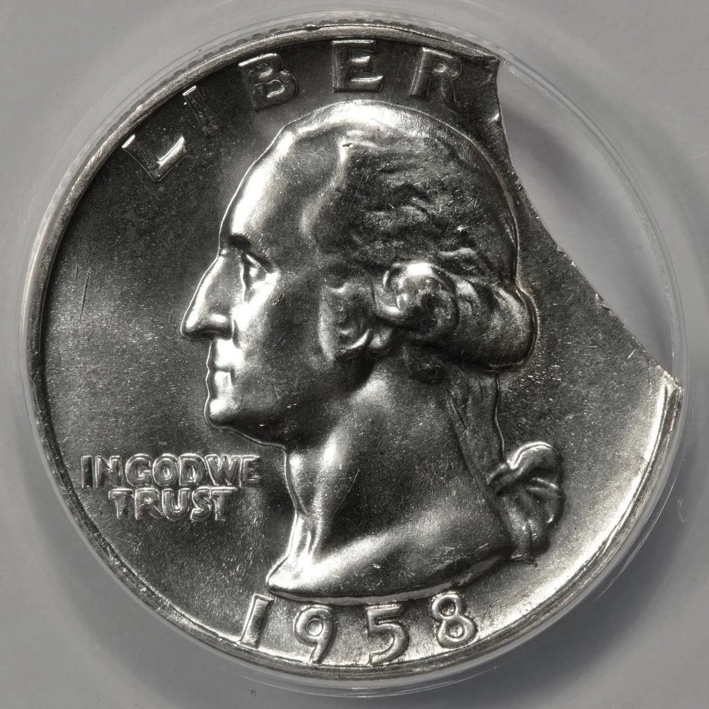 1958 Washington Quarter curved clip error showing arc-shaped missing section of the planchet