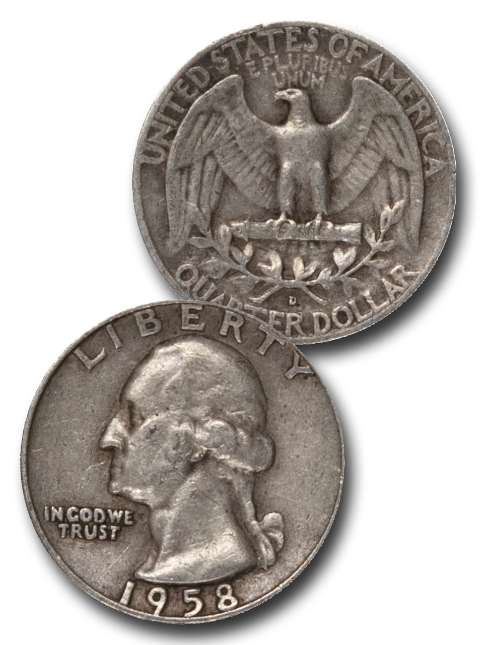 1958 Washington Quarter mintage data illustration showing Philadelphia and Denver Mint production coins in various grades