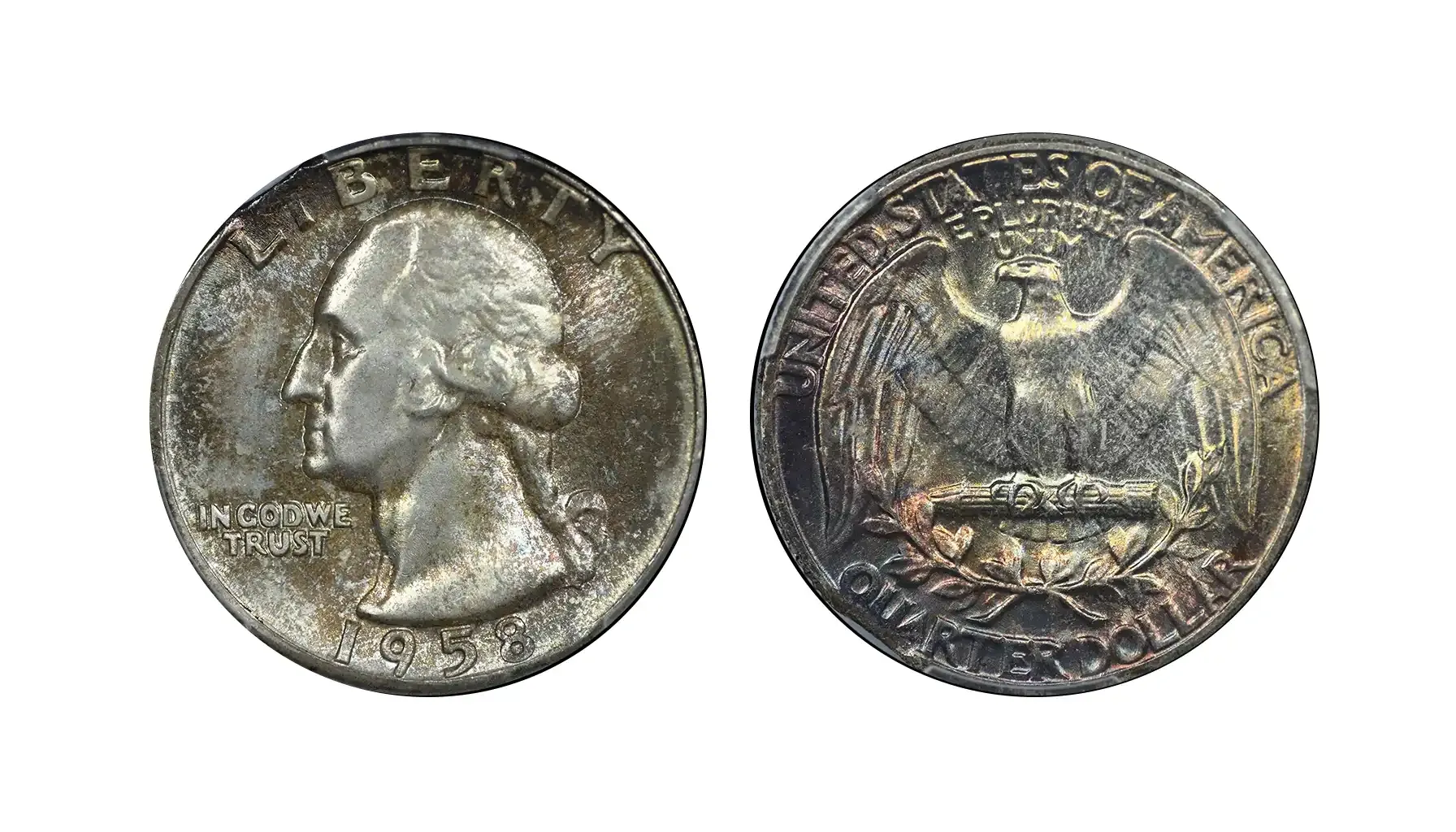 1958 Washington Quarter grading strip showing four condition tiers from Worn to Gem Mint State side by side